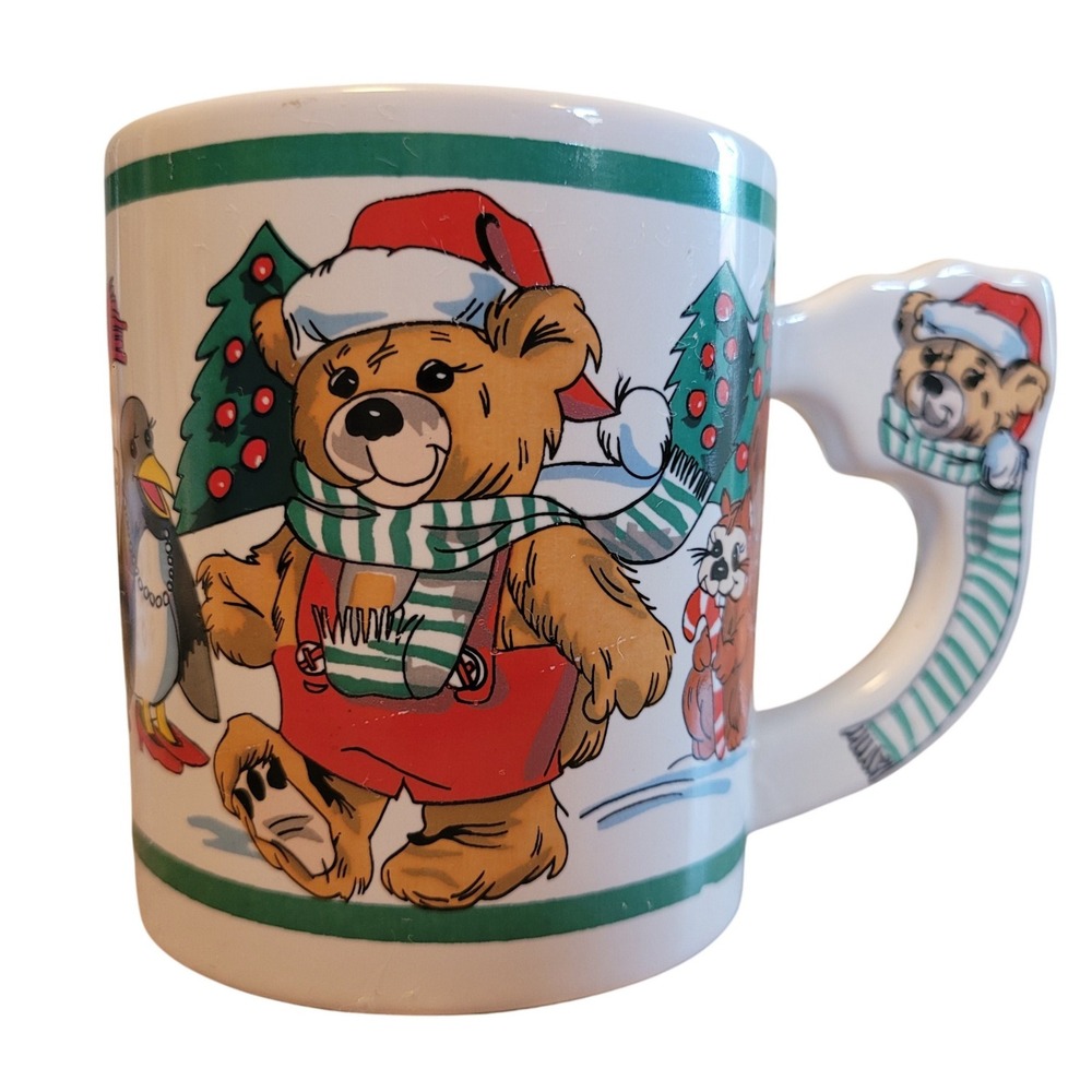 Vintage Christmas Mug with Holiday Animals and Bear Handle Made in China‎ 1989